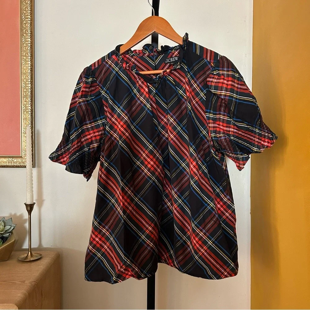 J. Crew Smocked Puff Sleeve Cotton Poplin Top Stewart Tartan Plaid Blouse Sz XXL